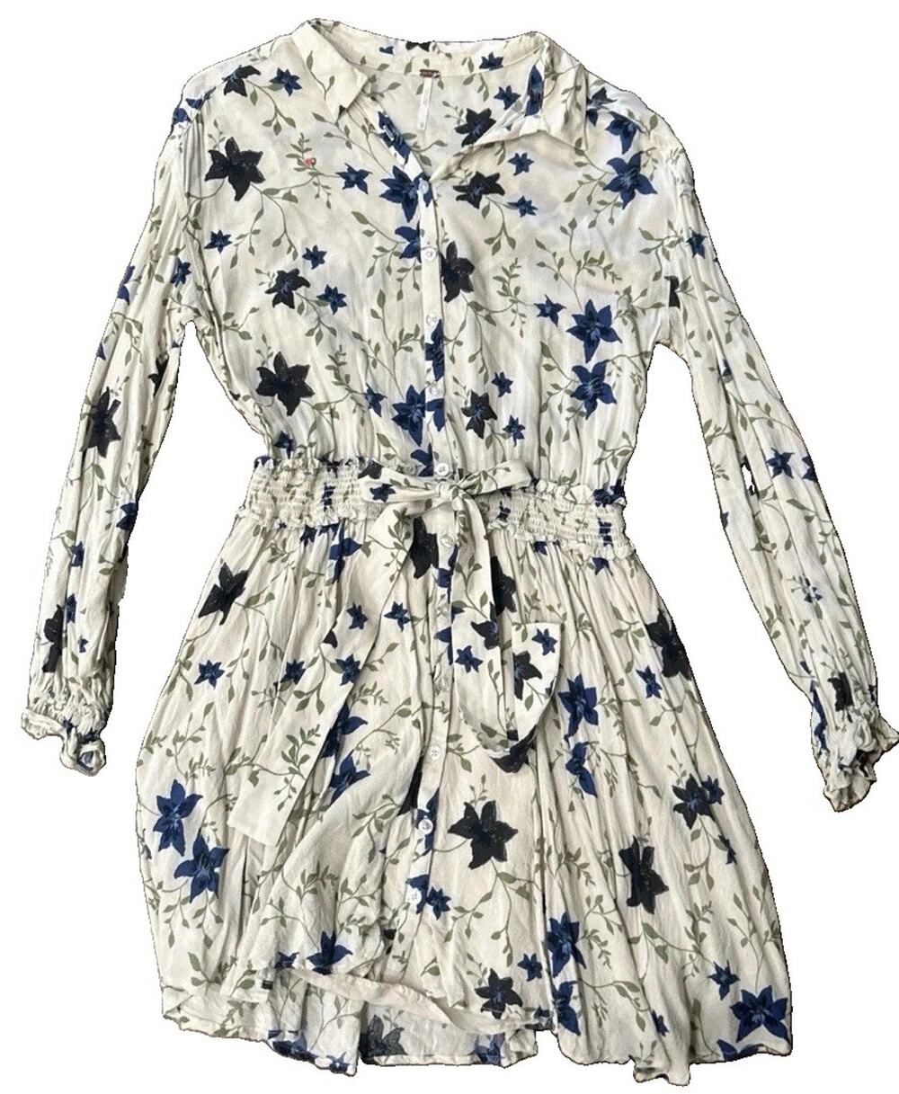 Free People "Lighten Up" mini floral belted smocked waist mini dress Sz X-Small